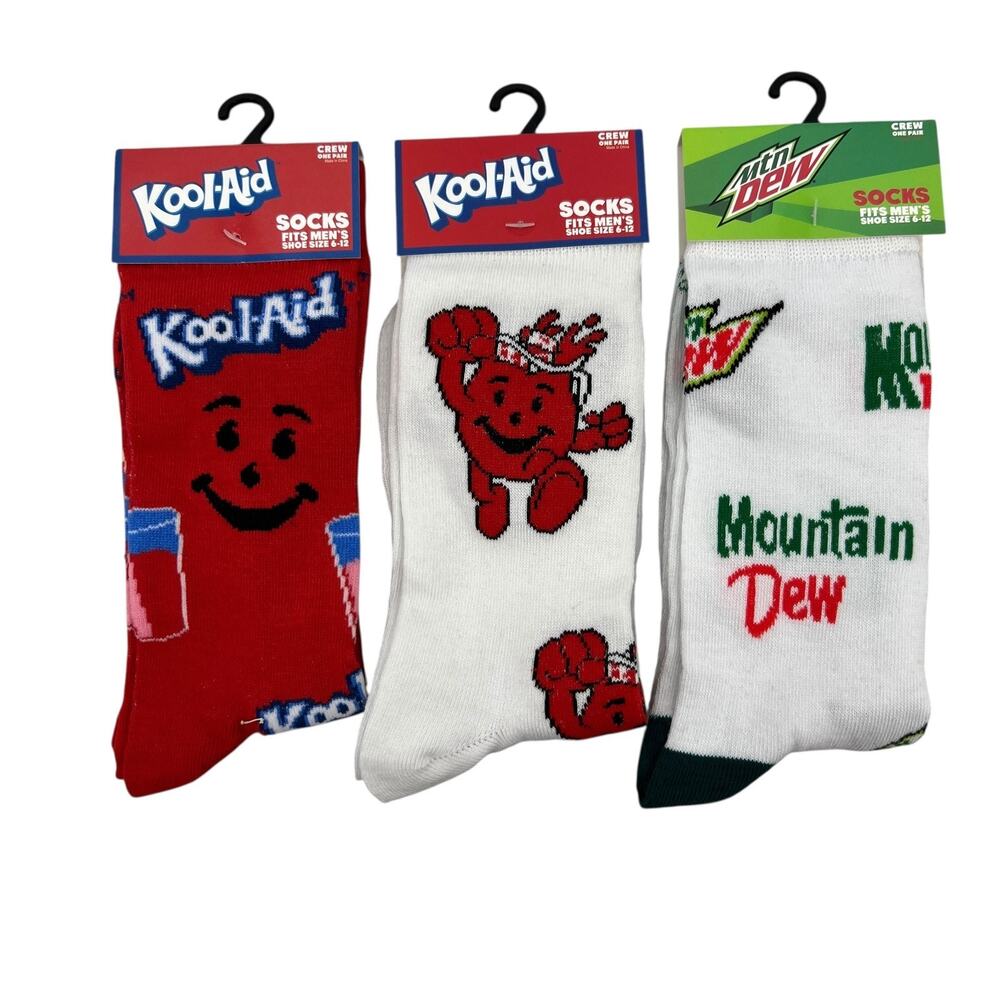 Kool-Aid Mountain Dew Novelty Socks Mens OSFM Crew Fit Mid Calf 3 Pairs